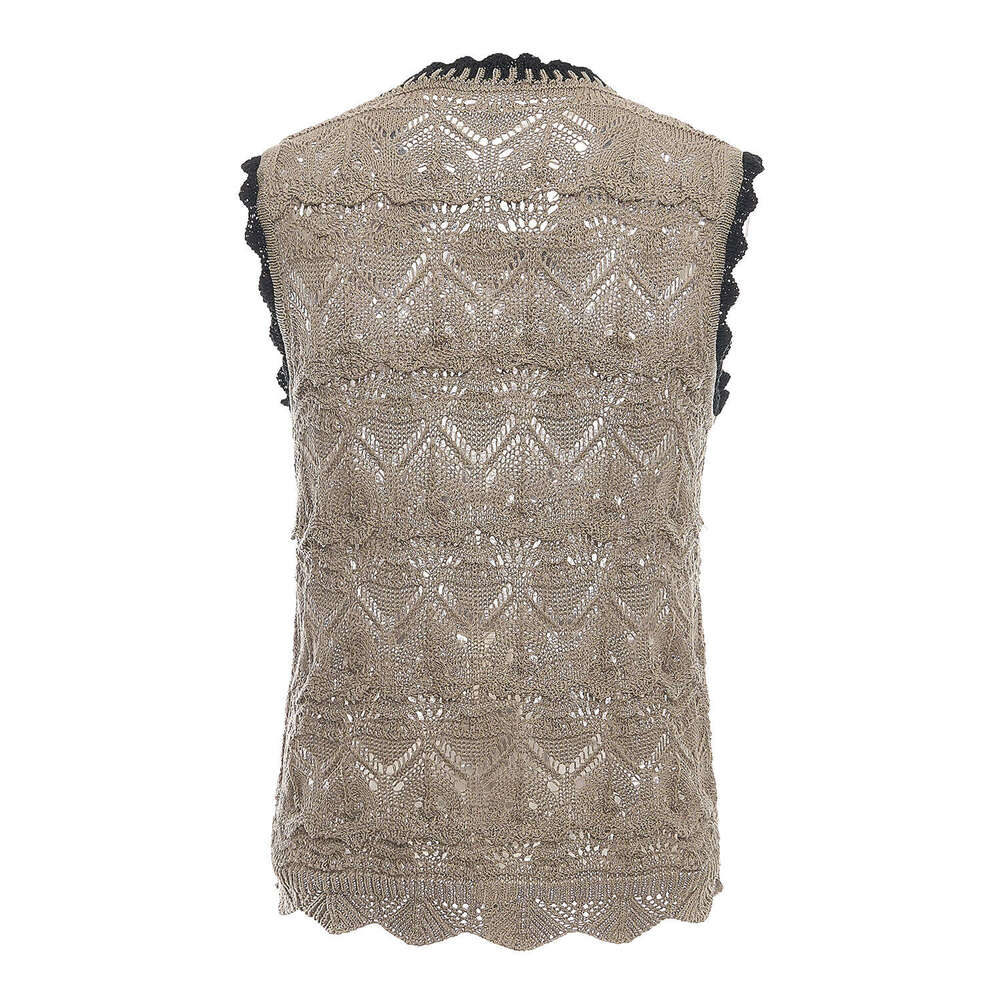 2026 Summer New French Design Knitted Hollow Crochet Needle Color blocked Round Neck Sleeveless Vest Linen Women's Top