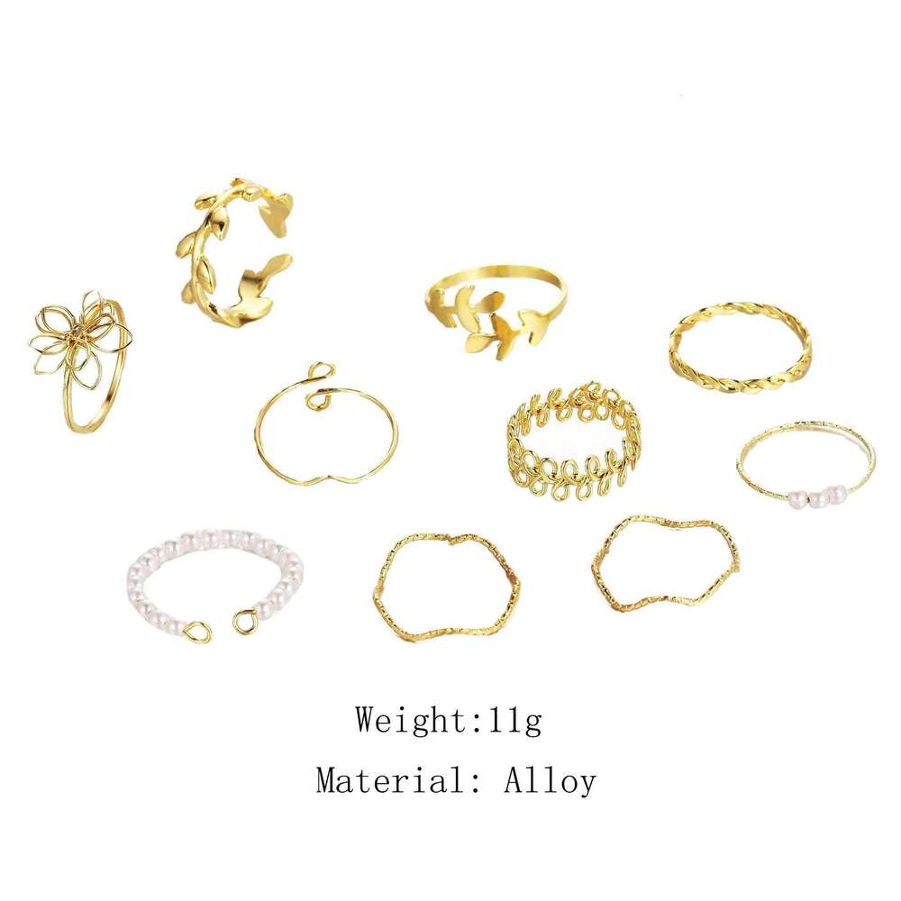 10Pcs Imitation Pearl Leaf Flower Rings Set For Women Rhinestone Butterfly Metal Knuckle Finger Ring Jewelry XJ260127