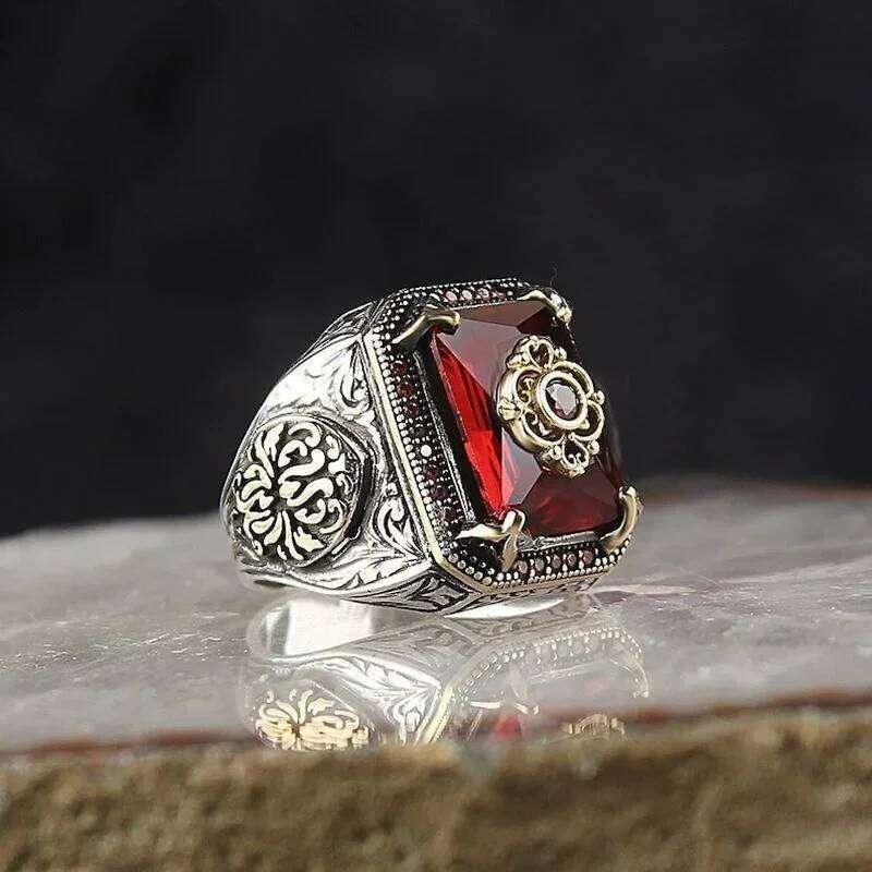 Retro Handmade Turkish Signet for Men Women Ancient Silver Color Carved Inlaid Red Zircon Punk Motor Biker Ring XJ260127