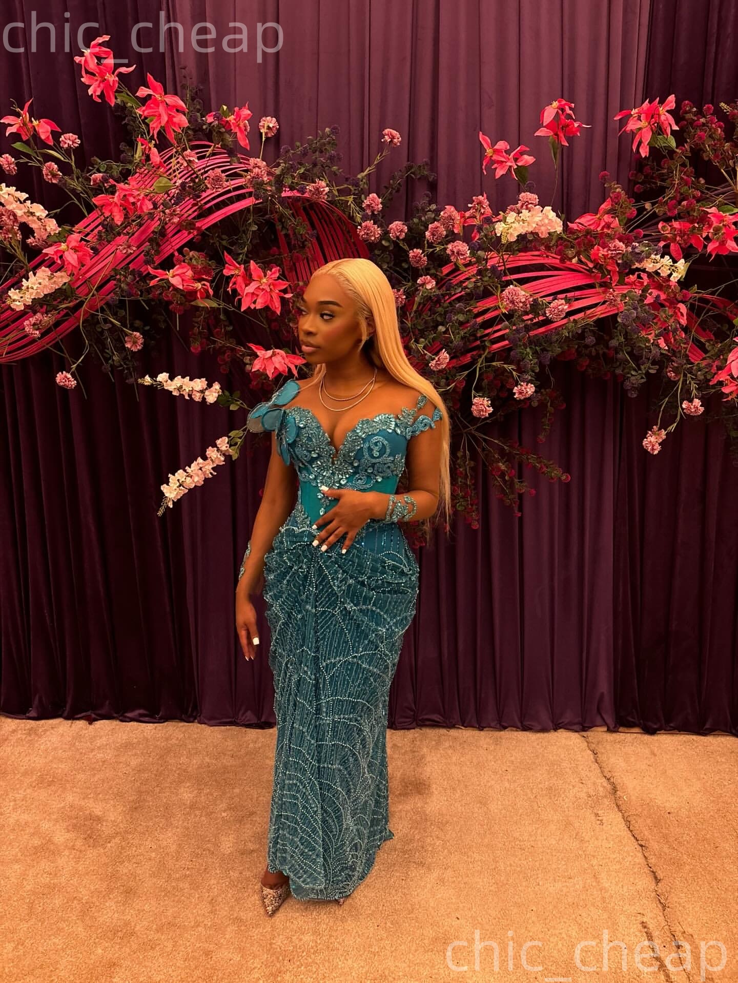 Aso Ebi Blue Sheath Nigerian Prom Dresses 2026 Florals Crystals Beaded Sequined Evening Formal Party Second Birthday Engagement Gowns Dress For Specia