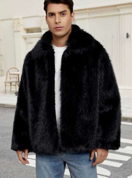 Men's collared short-style faux fur jacket - warm coat, plush coat, overcoat H260128