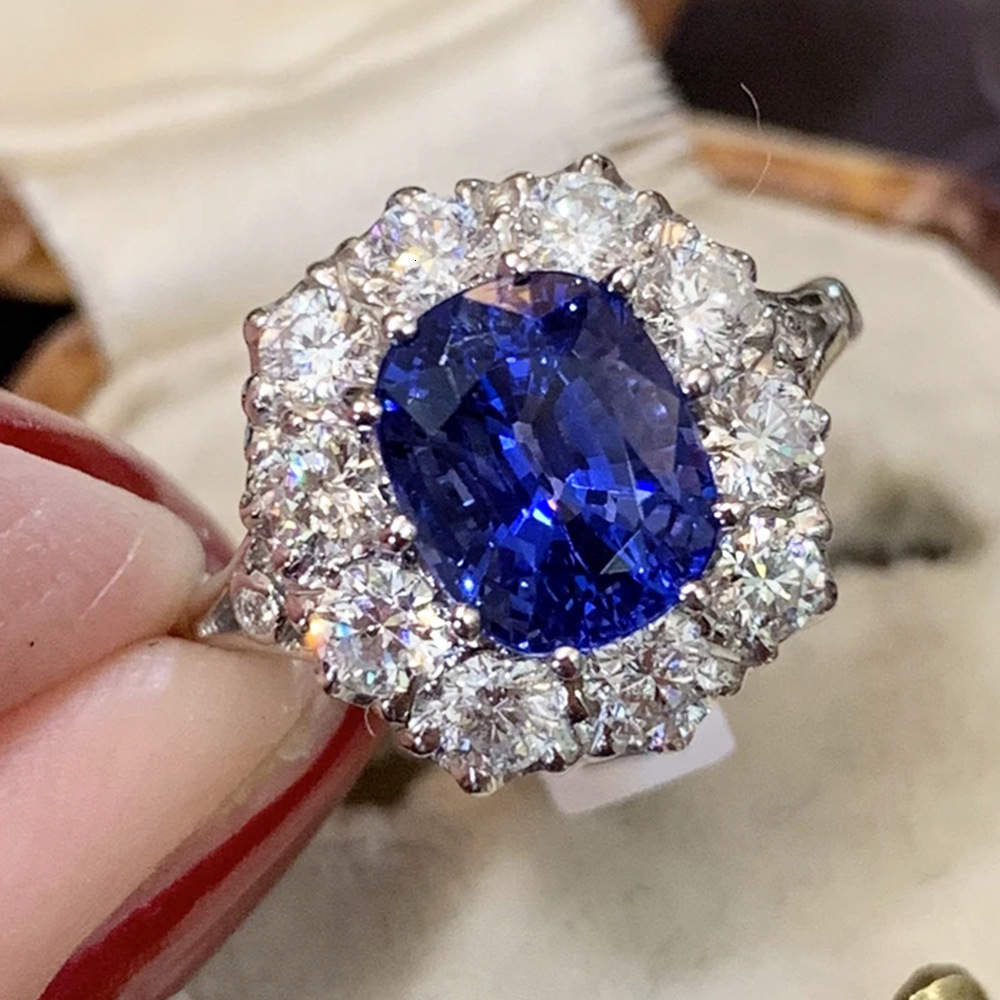 Hot-Selling Imitation Natural Royal Blue Sapphire Zircon Ring for Women Copper Plated White gold Luxurious Wedding Jewelry