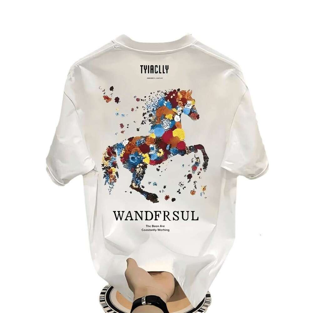 Men's Short Trendy Pure Cotton Printed Sleeve T-Shirt New Summer Hot Trend Casual Round Neck Tee Daily Outfit