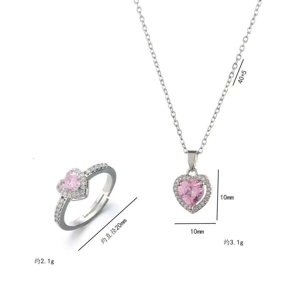 Charm Fashion Pink Heart Zircon Rings for Women Luxury Silver Color Stainless Steel Crystal Necklace Jewelry Set Gift Colorfast XJ260127