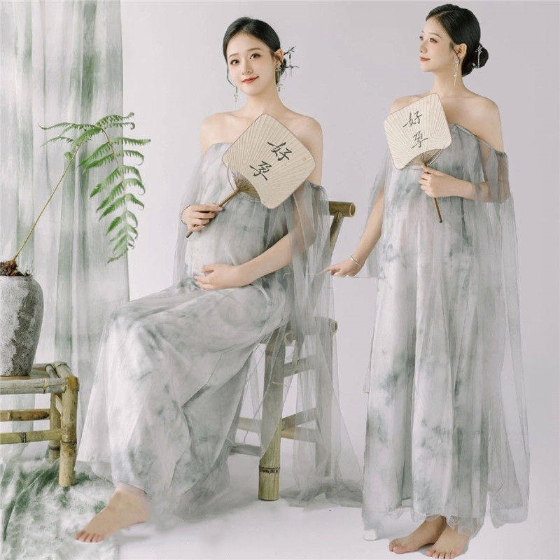 Pography Theme Maternity Chinese Style Po Shoot Outfit Pregnant Mom Big Belly Po Ink Painting Style Shooting Long Dress 240507