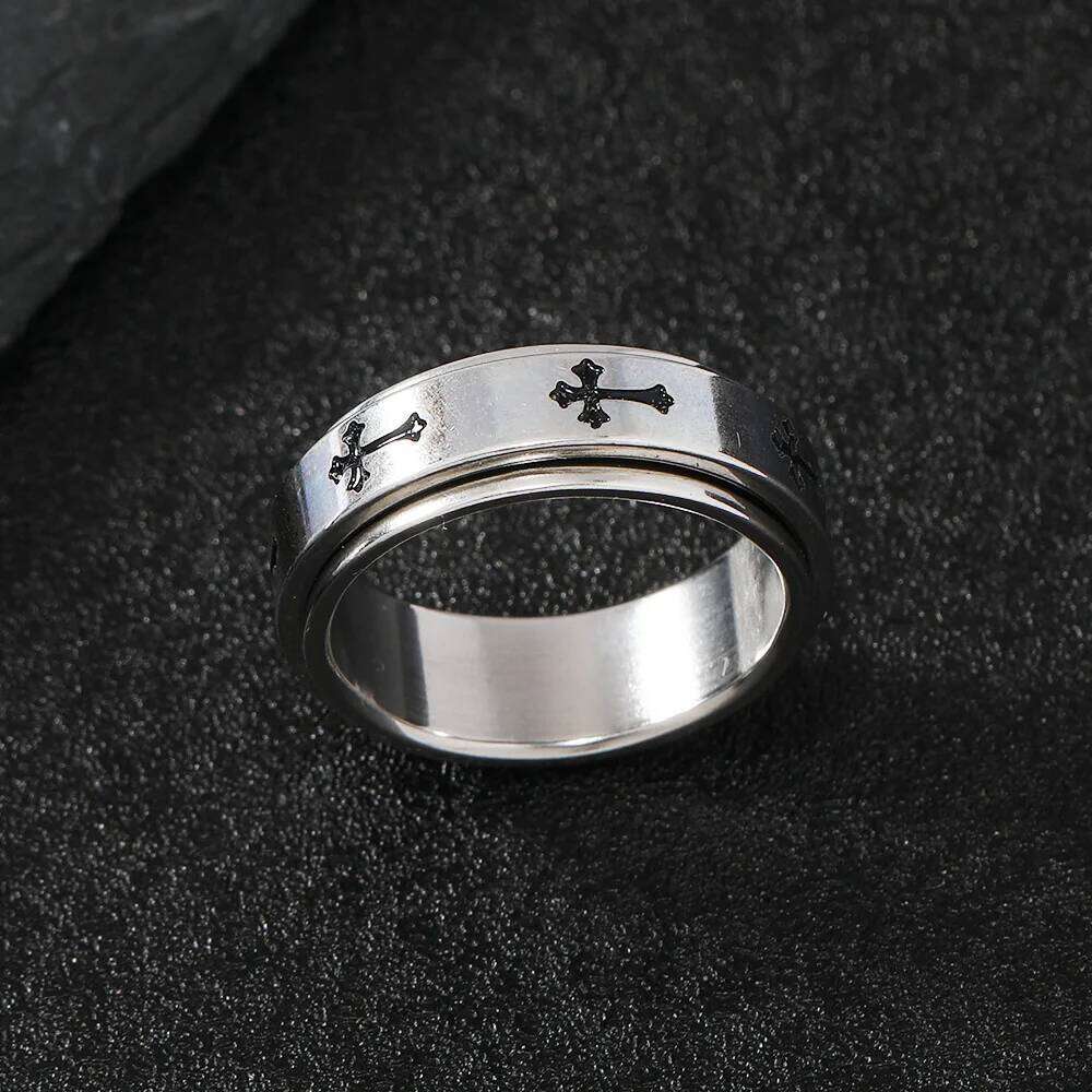 Rotatable Metal Cross For Men Women Silver Color Stainless Steel Ring Punk Gothic Simple Accessories Christian Jewelry Gift XJ260127