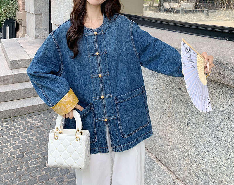 Women's Chinese Style Frog Button Denim Jacket Loose Fit Casual Jean Coat