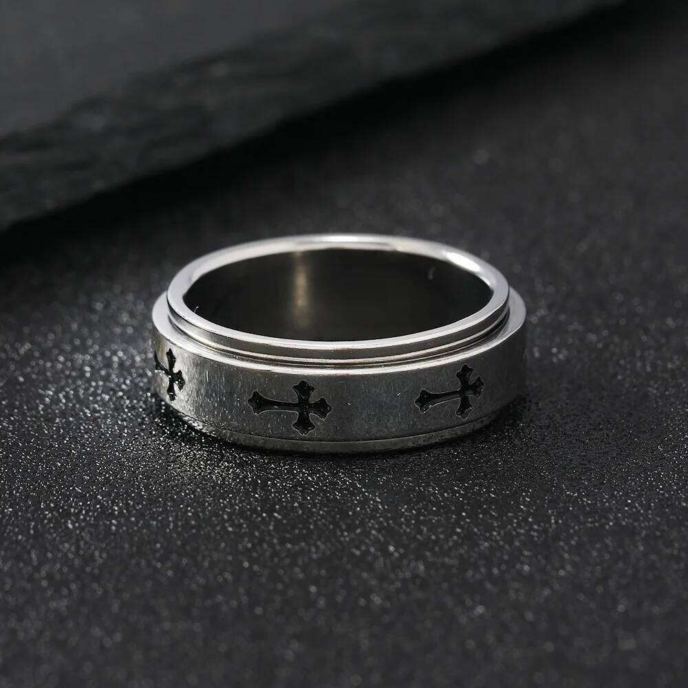 Rotatable Metal Cross For Men Women Silver Color Stainless Steel Ring Punk Gothic Simple Accessories Christian Jewelry Gift XJ260127