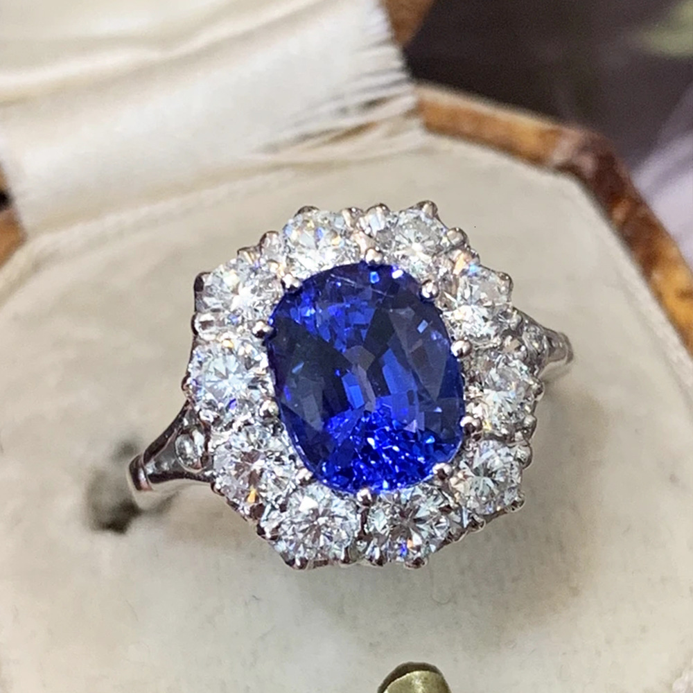 Hot-Selling Imitation Natural Royal Blue Sapphire Zircon Ring for Women Copper Plated White gold Luxurious Wedding Jewelry
