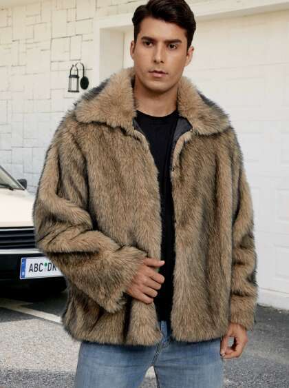 Men's collared short-style faux fur jacket - warm coat, plush coat, overcoat H260128