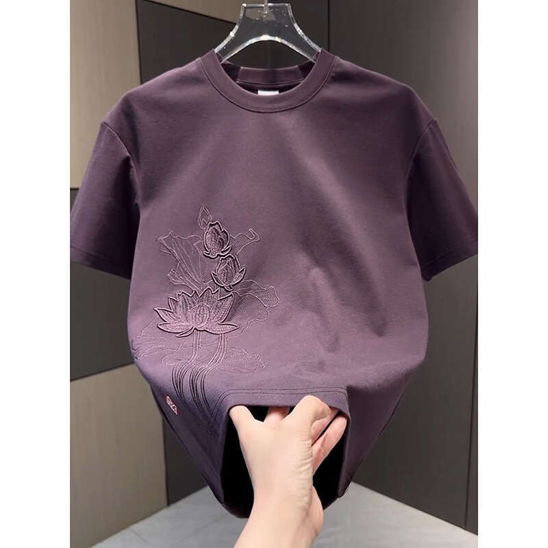 New Arrivals Style Embroidery Heavy Craftsmanship Trendy Short Men's Summer New Solid Color High-End T-Shirt Round Neck Pullover Half Sleeve Luan