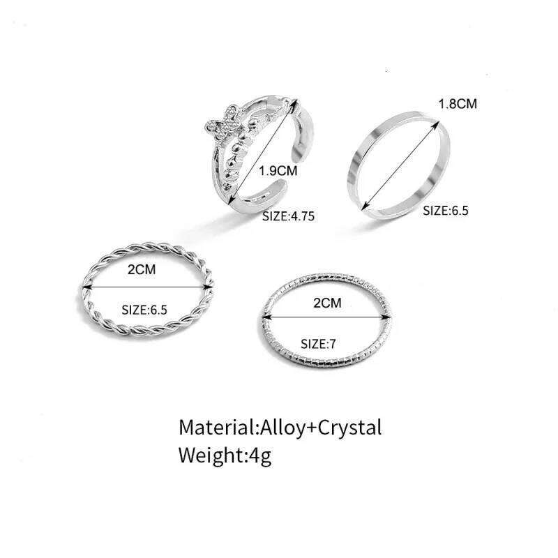 4Pcs Plain Circle Butterfly Set Silver Color Opening Adjustable Fashion Personalized Finger Ring For Women Trendy Jewelry XJ260127