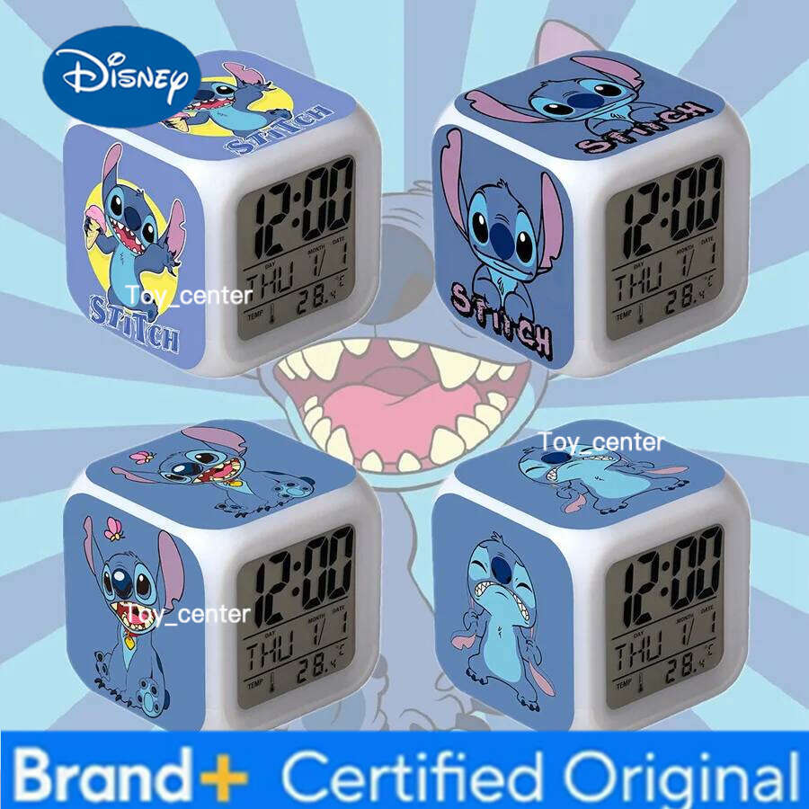 Disney New Cartoon Lilo & Anime Stitch Children's Toys Colorful Color Change Square Alarm Clock Kids Christmas Gift H260128