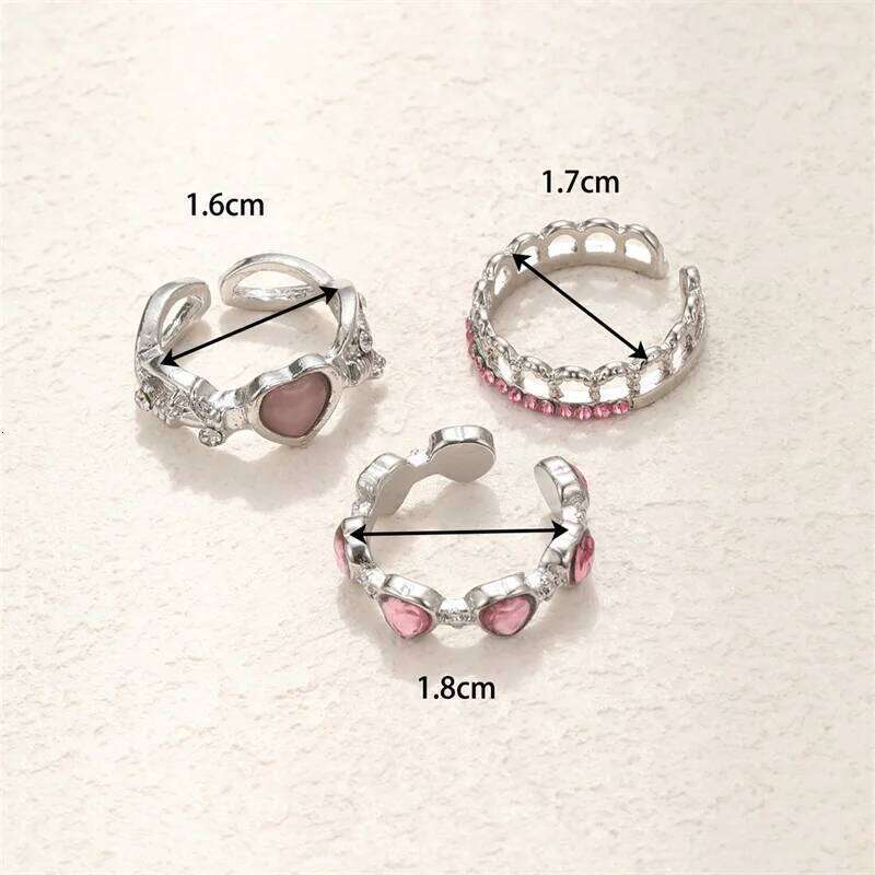 3pcs Fashion Love Heart Zircon Open Set for Women Gothic Sweet Girls Geometric Finger Rings Y2K Party Jewelry Accessories XJ260127