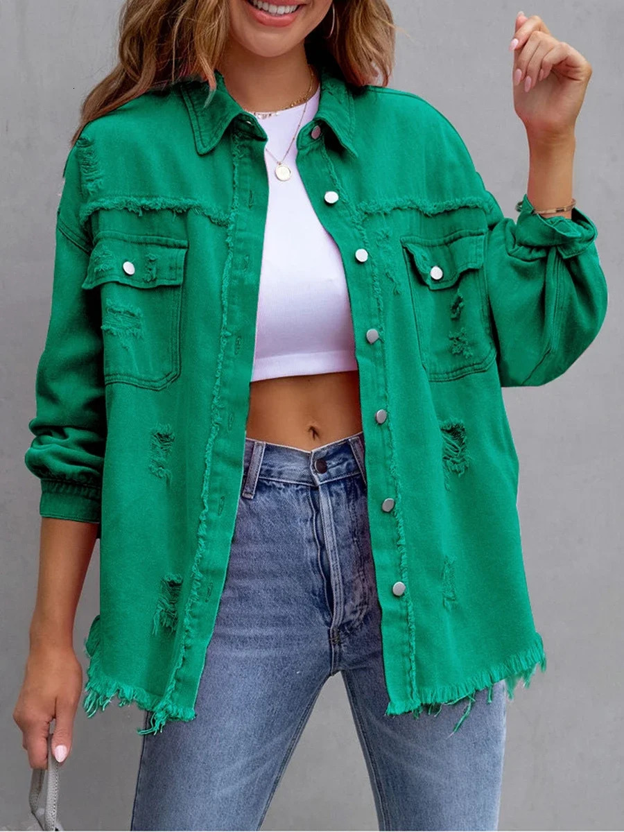 Womens Ripped Distressed Denim Jackets Long Sleeve Button Down Jacket Coats Autumn Tops Outerwear Fashion 260128