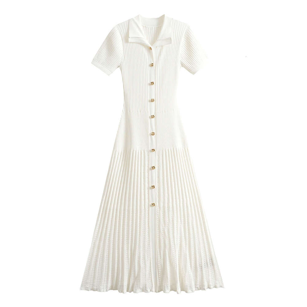 Ribbed slim fit new 2026 women's lapel pullover elegant hollow knit waist tight long skirt