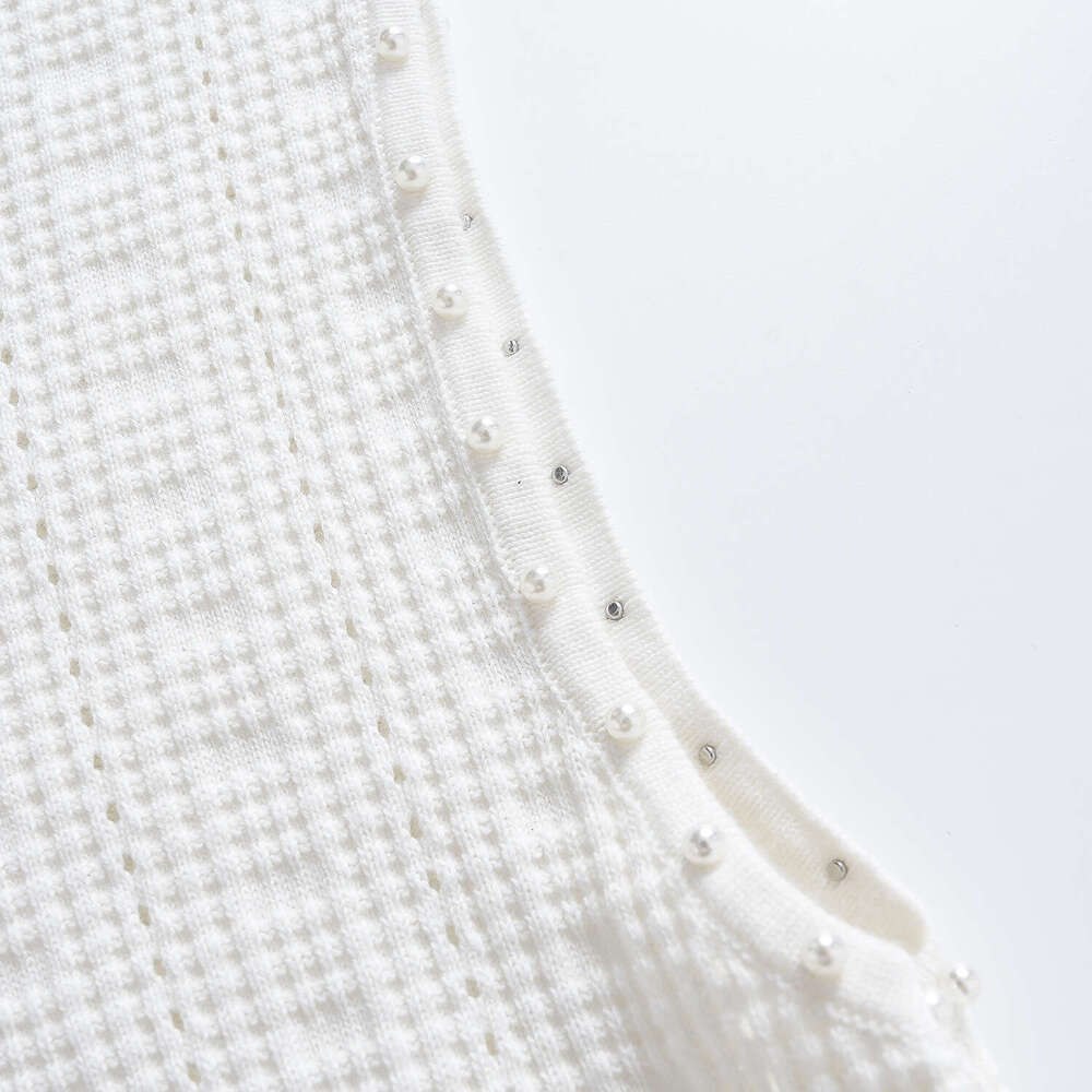 2026 Spring/Summer New Luxury Style Pearl Decor Hollow Knitted Sleeveless Slimming Long Dress