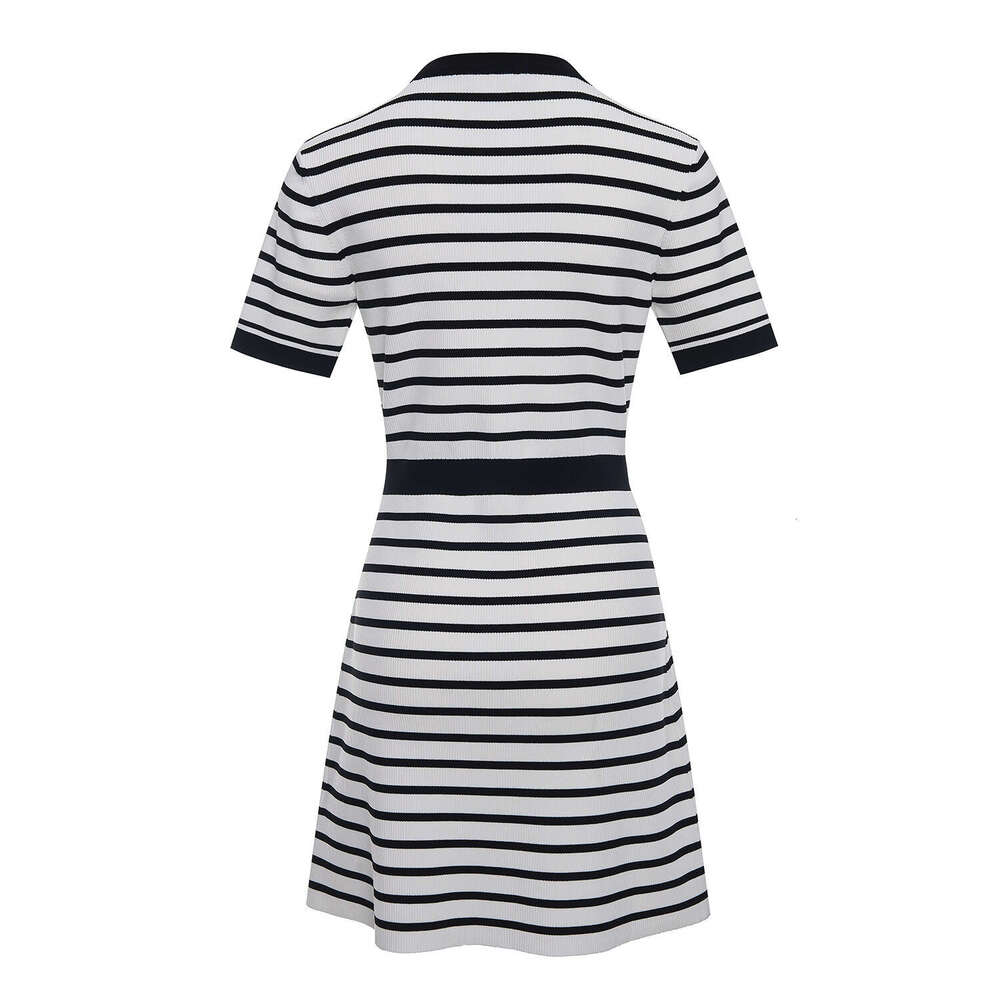 2026 Spring/Summer New French Round Neck Color blocked Striped Single breasted Short Sleeve Elegant Slimming Knitted Dress