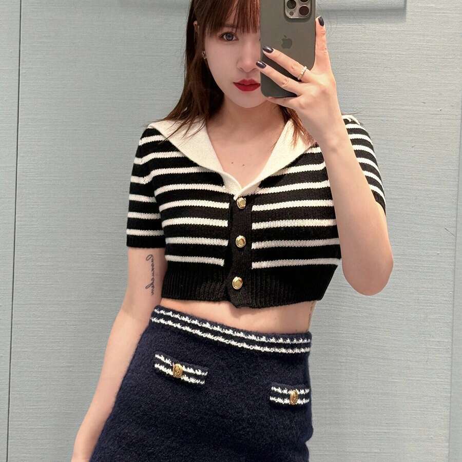 2026 Spring New Navy Blue Collar Knitted Sweater Short Sleeve Striped Slimming Women's Open Knitted Sweater