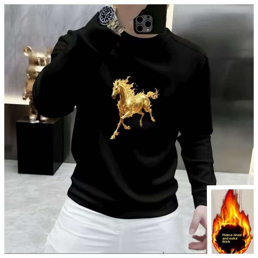 Horse New Printed Sweatshirt For Men Red Round Neck Long Sleeve Fleece Lined Zodiac Year Clothing Warm Top