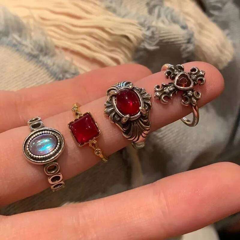 LATS Vintage Gothic Red Crystal Cross Geometry Open Rings for Women Y2k Punk Creative Grunge Jewelry Accessories Gift XJ260127