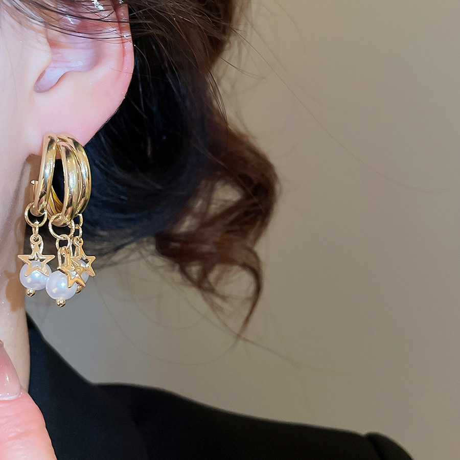 Silver Needle C-shaped Star Pearl French Retro Elegant Niche Temperament Light Luxury High-end Earrings for Women - view 3