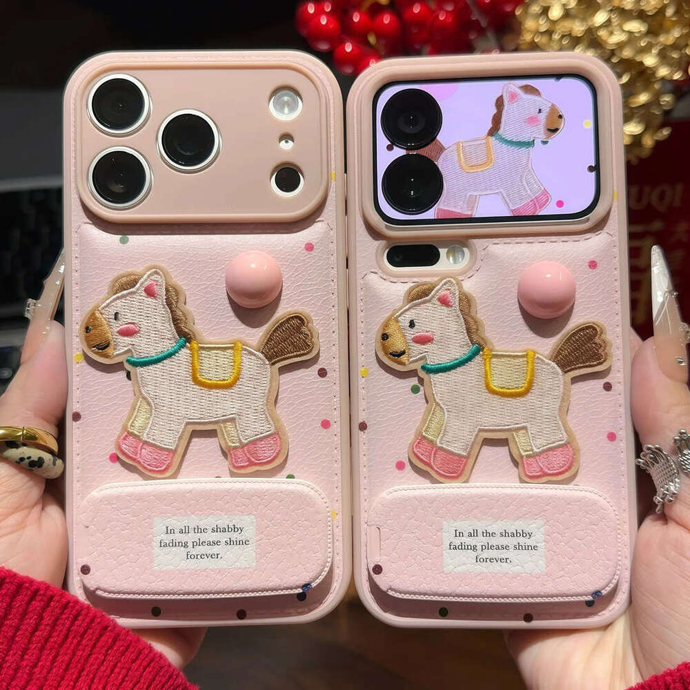 Girly Pink Polka Dot Embroidery Pony Stand Compatible with Apple 16/17 Pro Phone Case IP15 Candy Cushion 14 Soft S260128