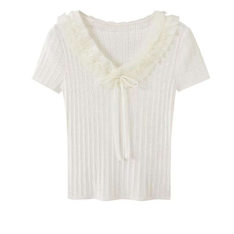 2026 Spring New White Patched Lace Collar Bow Hollow Slim Knitted Women's Short Sleeve Top