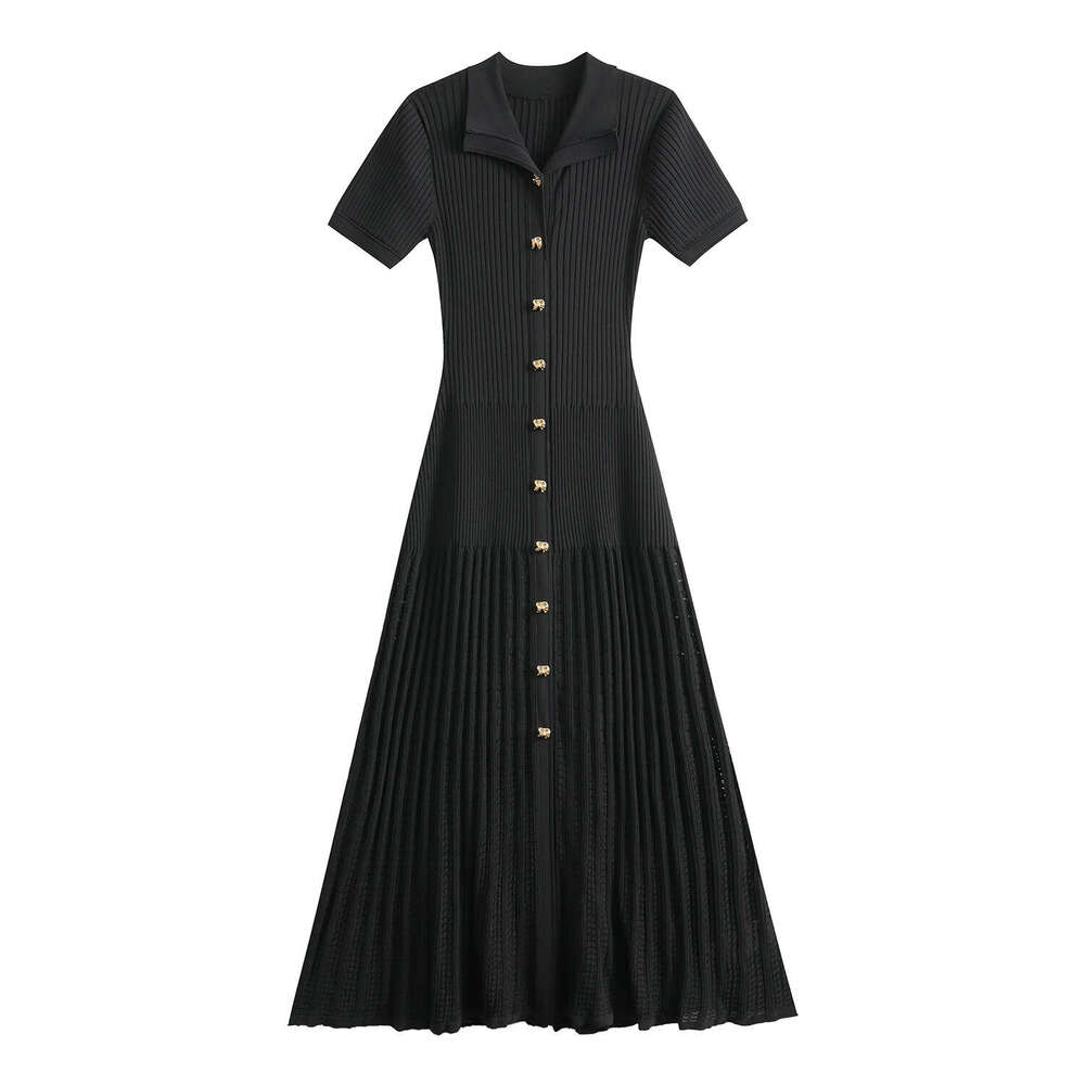 Ribbed slim fit new 2026 women's lapel pullover elegant hollow knit waist tight long skirt