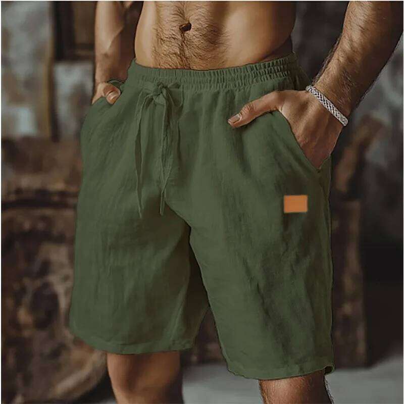 Linen Shorts Drawstring Elastic Waist Straight Legs Solid Color Breathable Daily Beach Five-point Casual Pants X260128