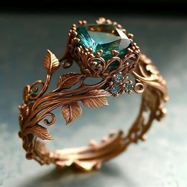 Ring Totem Ring Creative Vintage Alloy Inlaid Green Zircon Retro and exaggerated leaf-shaped diamond setting Ring