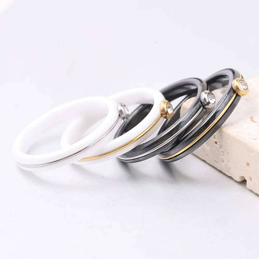HNSP 4MM luxury Zircon Ceramic Black White Ring For Women Finger Jewelry Accessories XJ260127