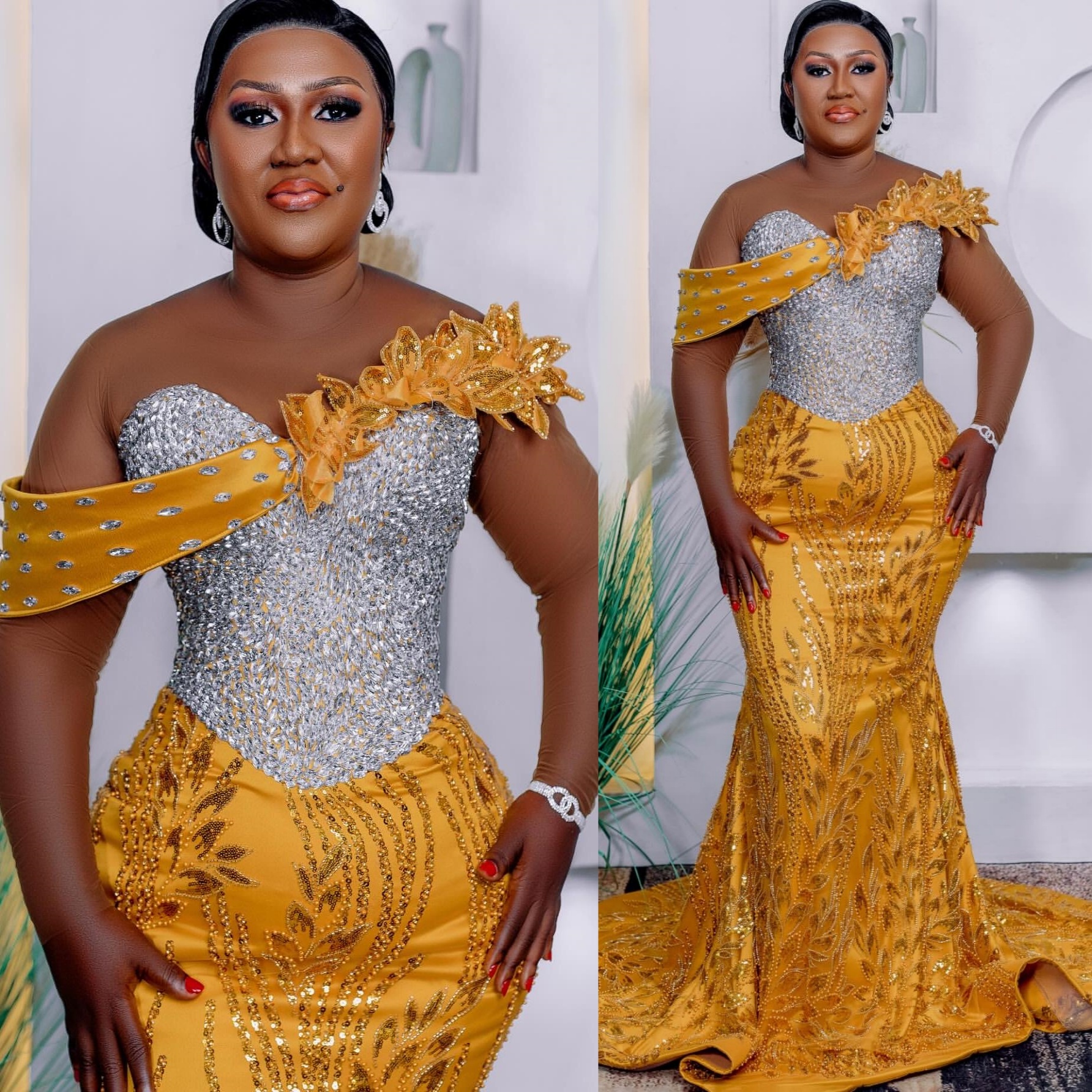 Aso Ebi Gold Mermaid Prom Dresses 2026 Crystals Flowers Long Sleeves Sequined Evening Formal Party Second Birthday Engagement Gowns Dress For Special 