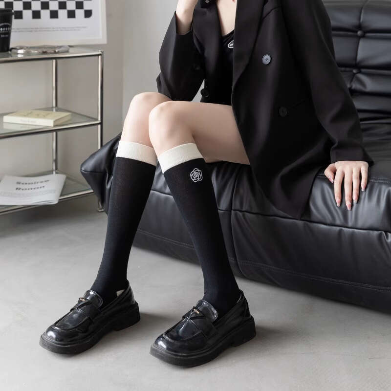 Black and White Color-Block Embroidered Calf Patchwork Leg Ins Trend Japanese College Style JK Long Tube Knee-High Socks