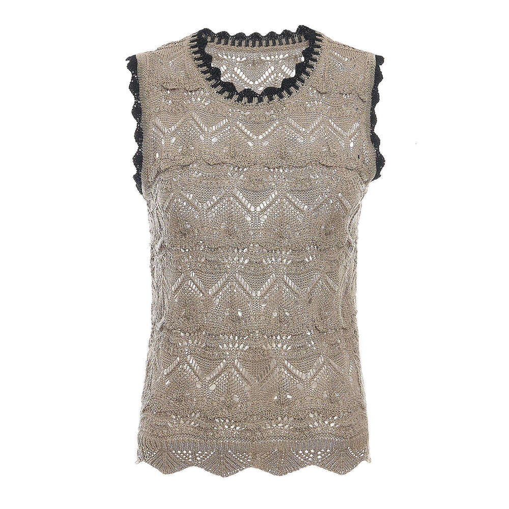 2026 Summer New French Design Knitted Hollow Crochet Needle Color blocked Round Neck Sleeveless Vest Linen Women's Top