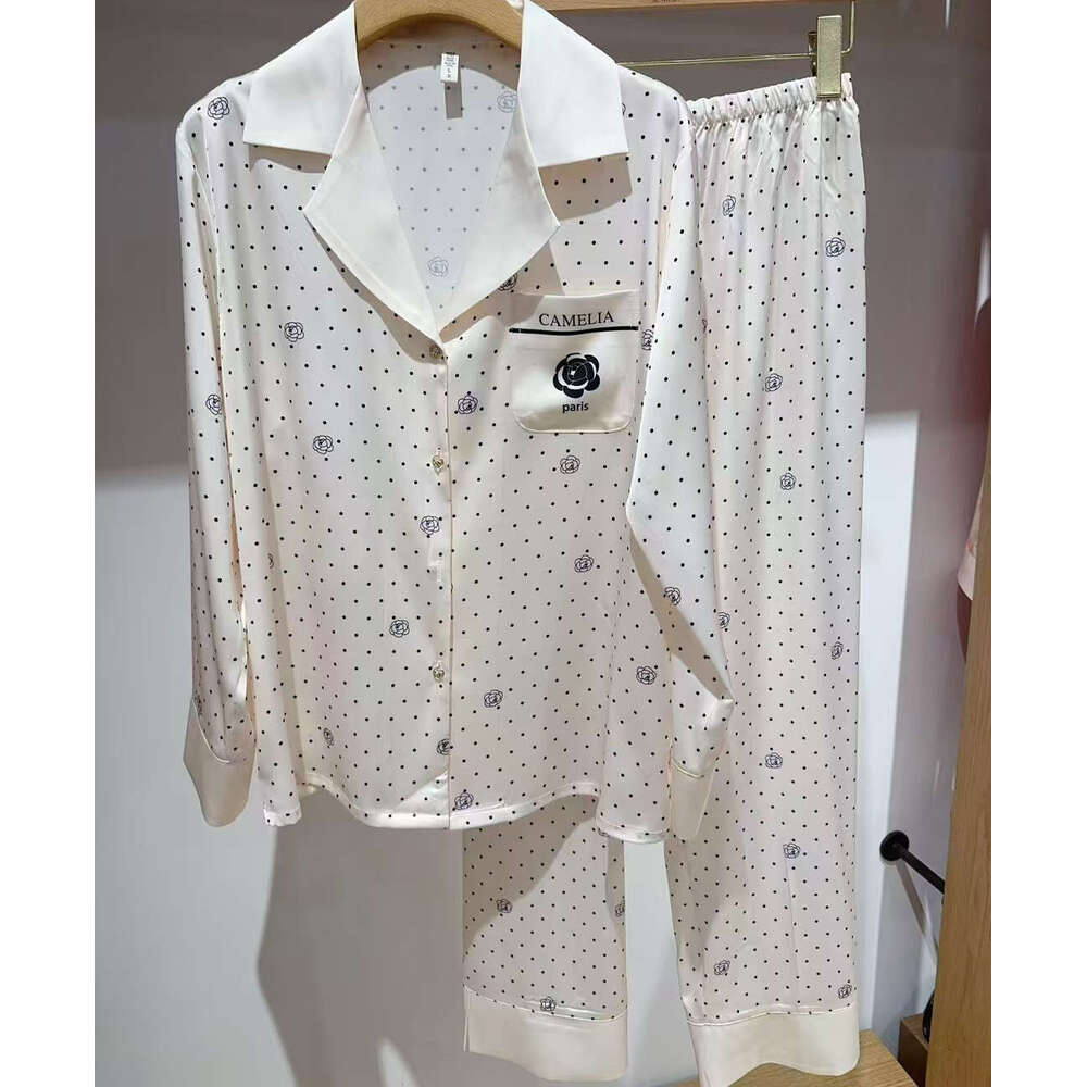 Homewear Women's Pajamas Early Spring Ice Silk Polka Dot Camellia Light Long Sleeve Comfortable Loungewear Set