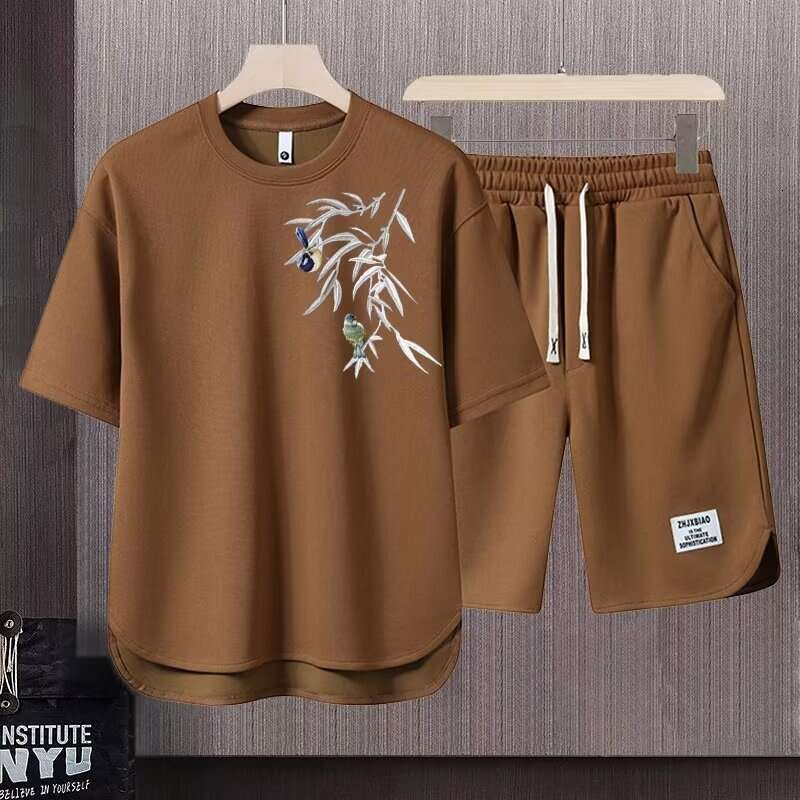 New Arrivals Trend Waffle For Men Summer New Chinese Style Green Bamboo Print Split Shorts Ins Half Sleeve T-Shirt Full Set Luanyun