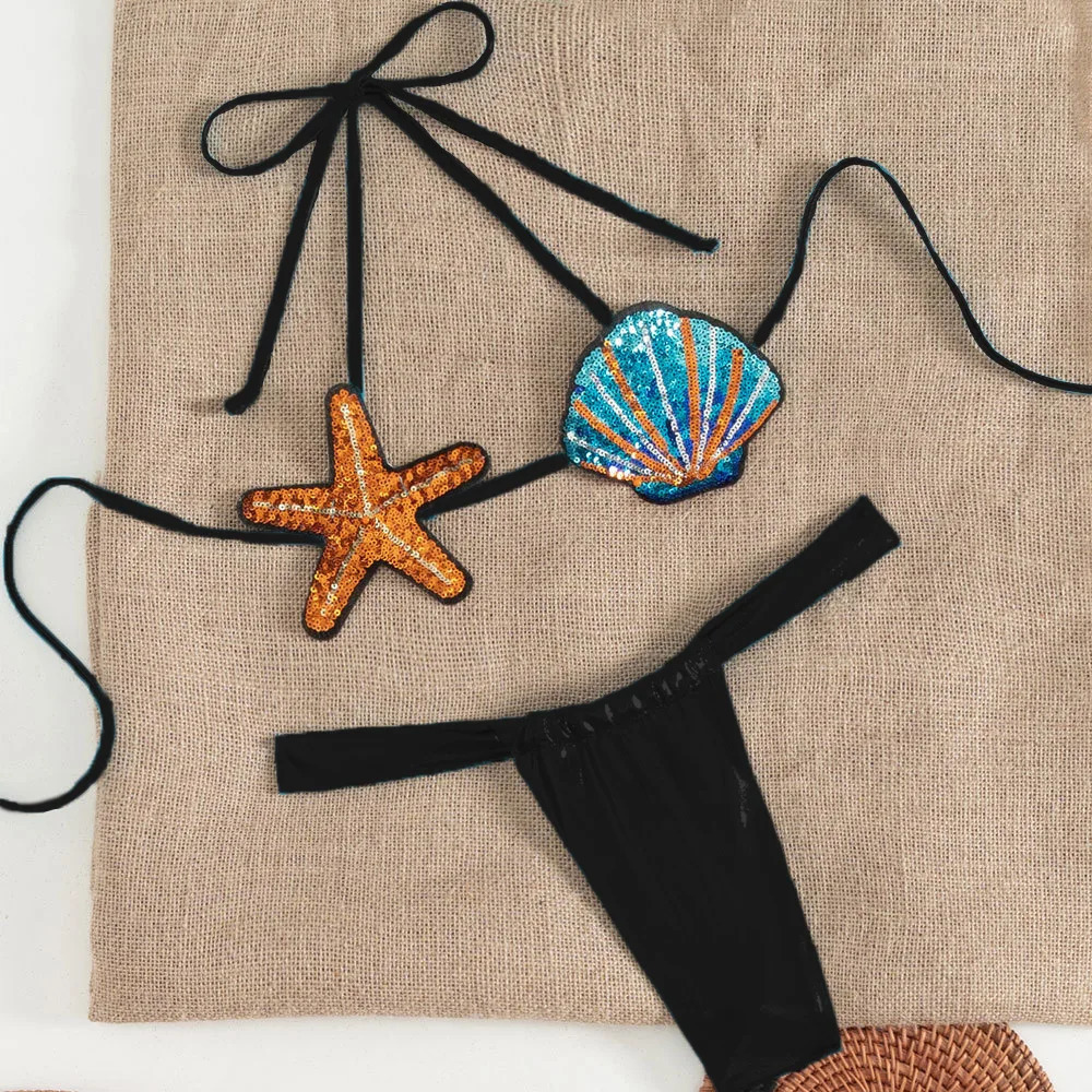 Shiny Sequin Shell Starfish Bikini Set Women Sexy Push Up Pleate Thong Swimsuit 2025 Brazilian Beach Bathing Suit Micro Swimwear 260128 - view 6