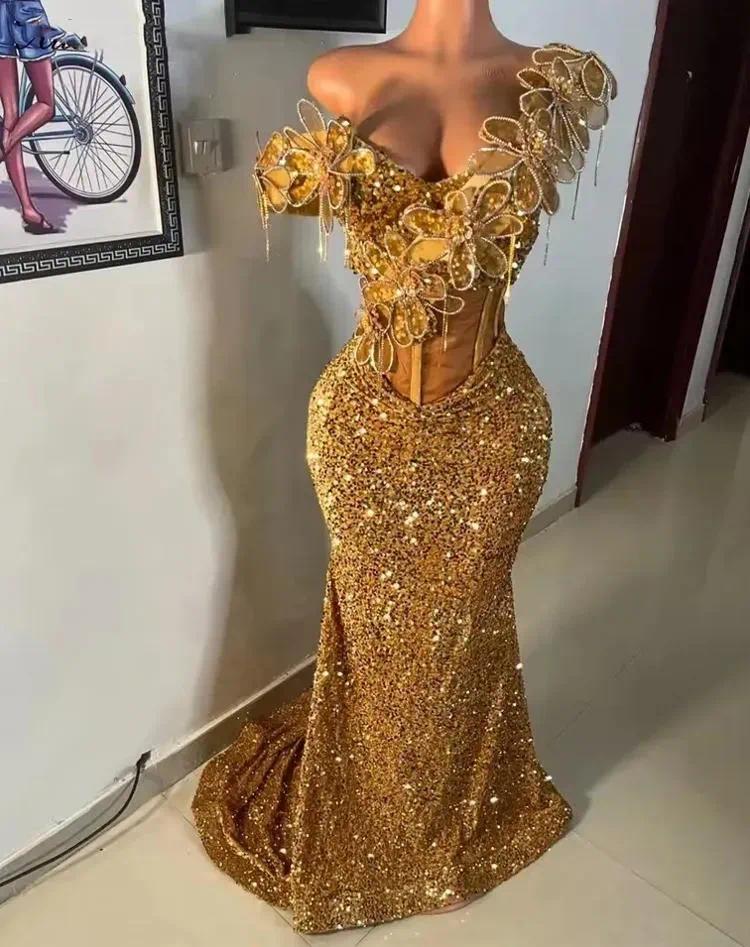 Sparkly Gold Sequined Evening Dresses Aso Ebi Beautiful Flowers Corset Bodice Special Occasion Gown Sweep Train Mermaid Women Second Reception Prom Dr