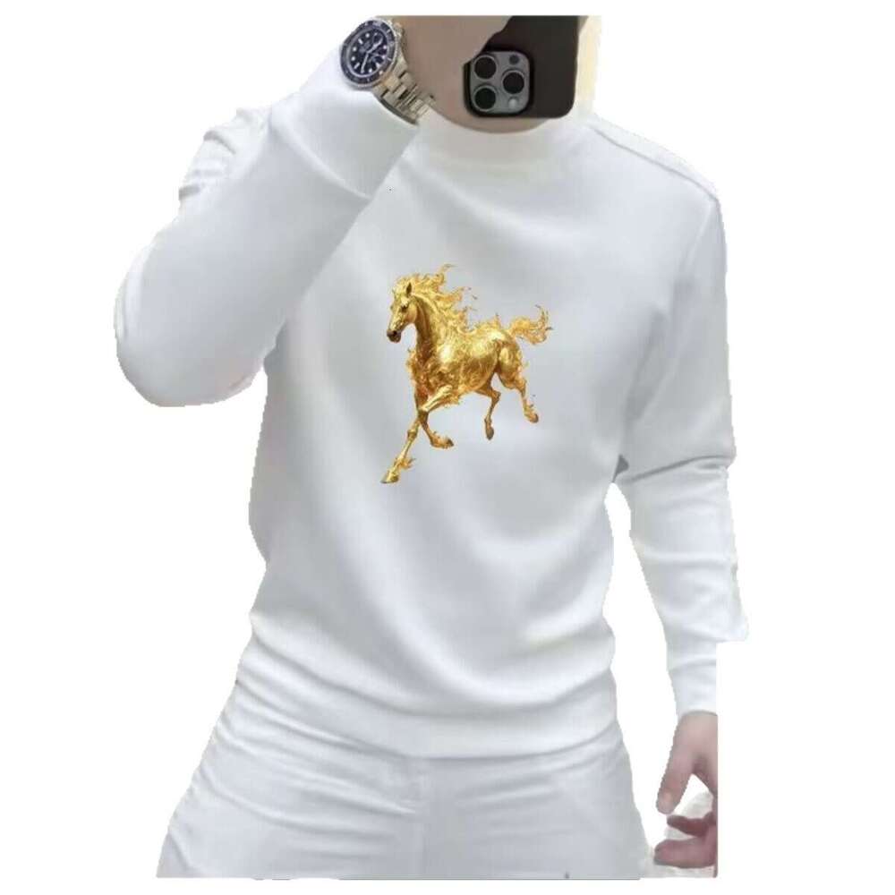 Horse New Printed Sweatshirt For Men Red Round Neck Long Sleeve Fleece Lined Zodiac Year Clothing Warm Top