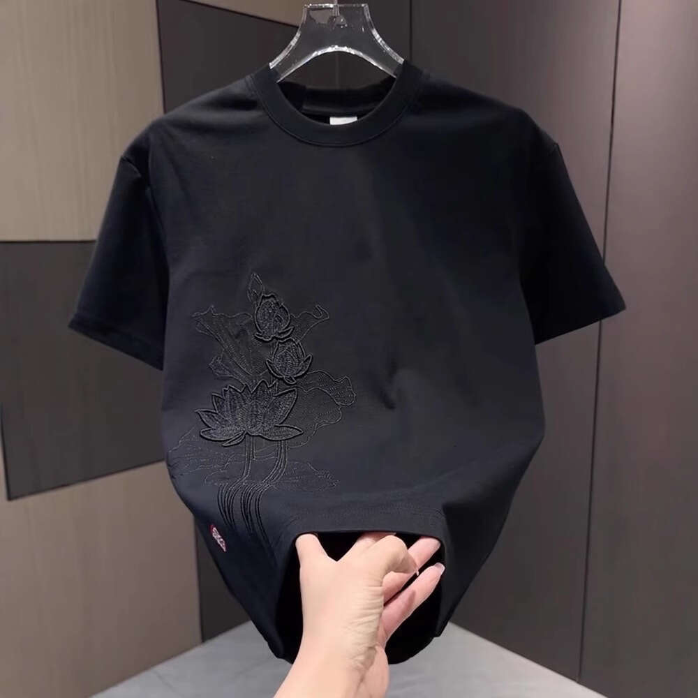 New Arrivals Style Embroidery Heavy Craftsmanship Trendy Short Men's Summer New Solid Color High-End T-Shirt Round Neck Pullover Half Sleeve Luan