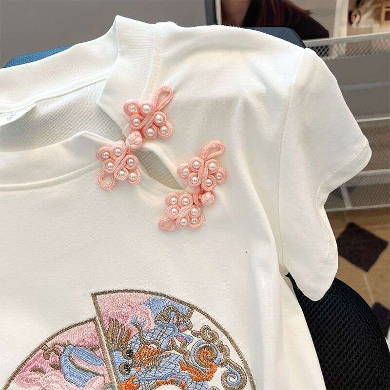 2025 Summer National Fashion Niche Retro Hollow Embroidery New Chinese Style Button Slimming Short Sleeve T-Shirt For Women