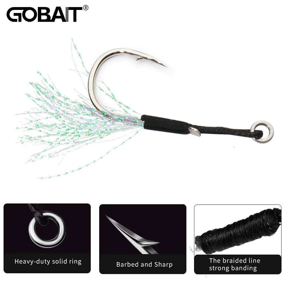 Cast Jig Sharp Assist Hook High Carbon Steel Angle Barbed Thread Feather Fishing Tackle Ring Jigging Tool Pesca Lure Fishhook Z260128