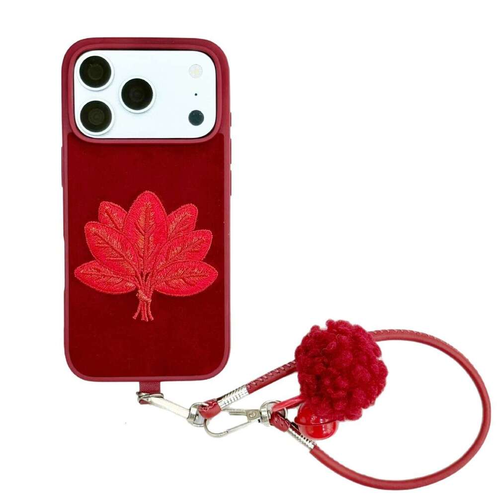 Embroidered Red Grapefruit Leaf Case for Apple 17 Pro Max iPhone 16/15/14 with Strap and Pom-Pom S260128
