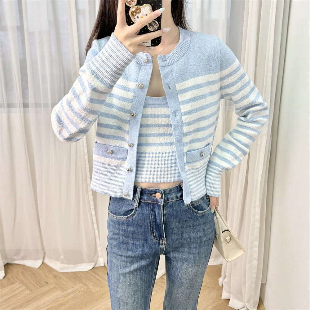 2026 Spring/Summer Blue and White Striped Round Neck Knitted Cardigan Jacket Short Texture Women's Tank Top