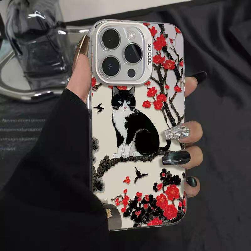 Plum Blossom Black Cat Compatible iPhone 16 Case Apple 15 Max/14 Shockproof 13 Pro 12 Personalized 11 XR S260128