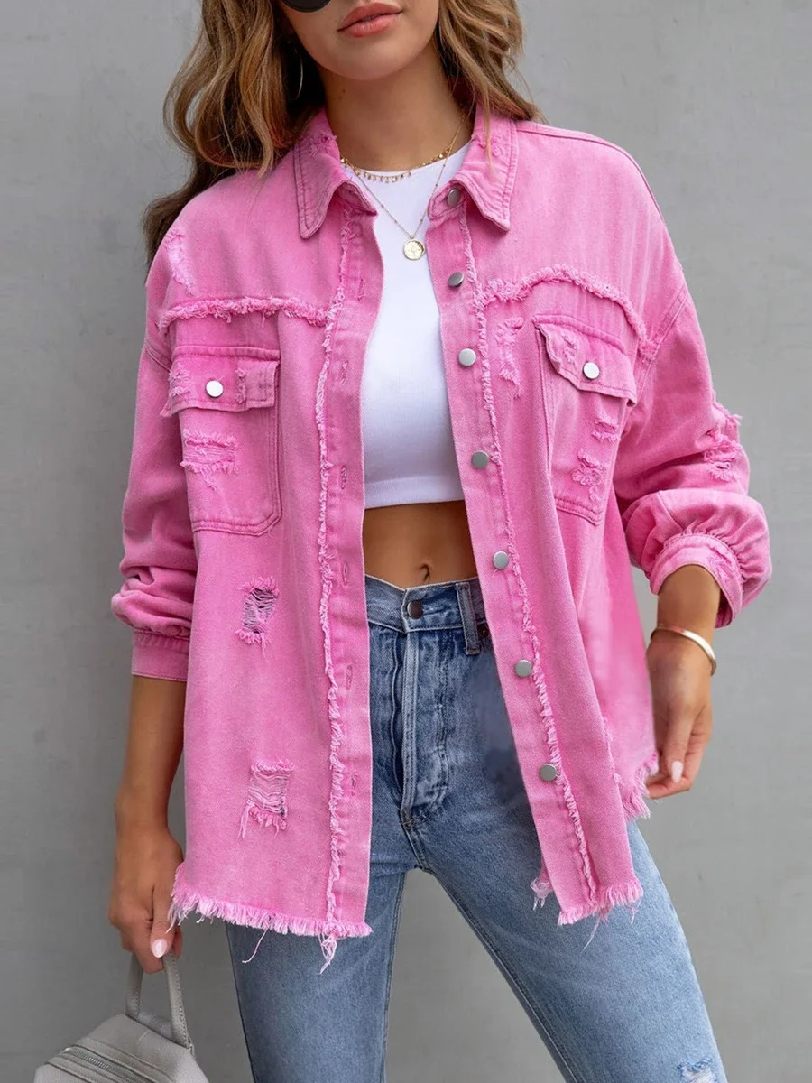 Womens Ripped Distressed Denim Jackets Long Sleeve Button Down Jacket Coats Autumn Tops Outerwear Fashion 260128