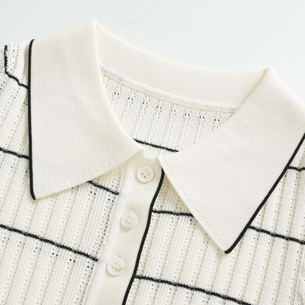 2026 Summer New Style Color Block Black and White Stripe Flip Collar Short Sleeve Medium Long Slim Women's Knitted Dress