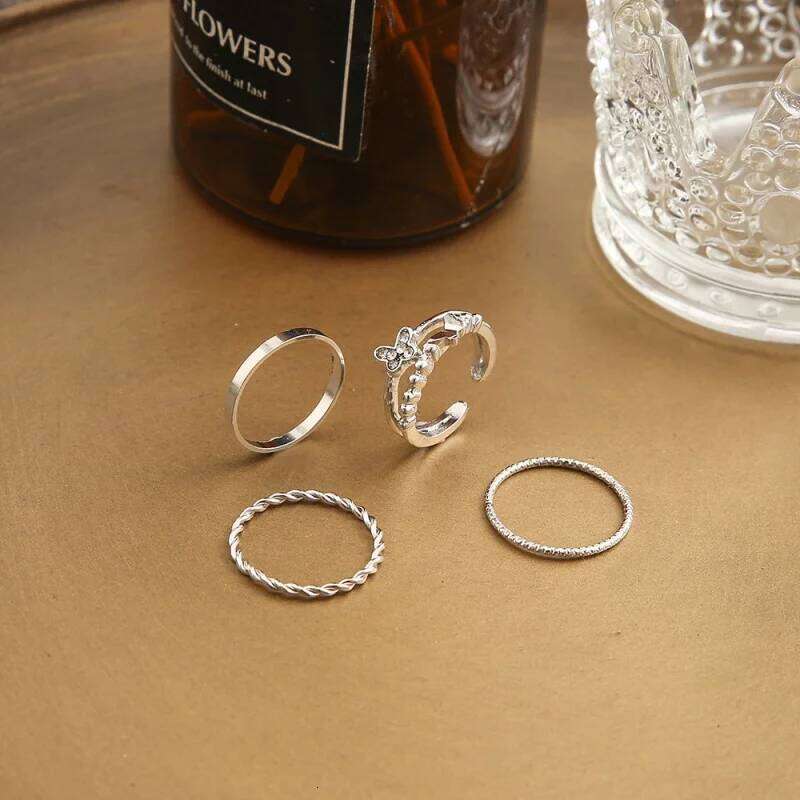 4Pcs Plain Circle Butterfly Set Silver Color Opening Adjustable Fashion Personalized Finger Ring For Women Trendy Jewelry XJ260127