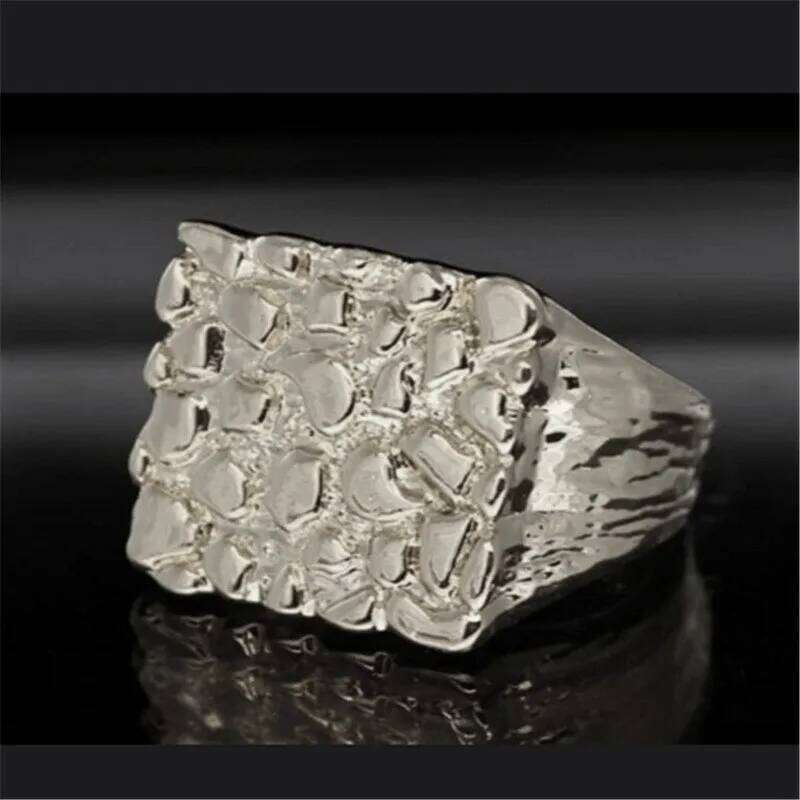 Jianjie Men's Uneven Bumpy Luxury Gold/Silver Color Rings Square Delicate Party for Business Men Charming Accessories XJ260127